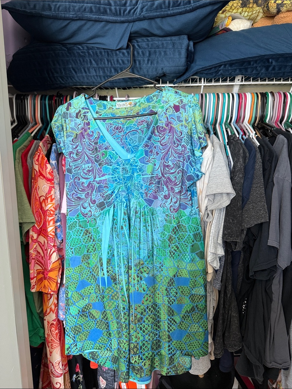 Unity World Wear Women's Blue Green Paisley Tie-Front Tunic